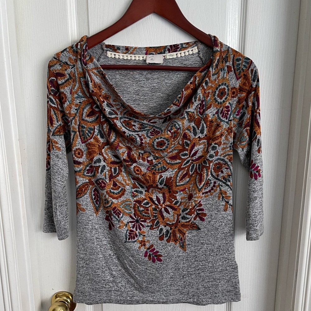 Anthropologie Gray Floral Cowl Neck Top